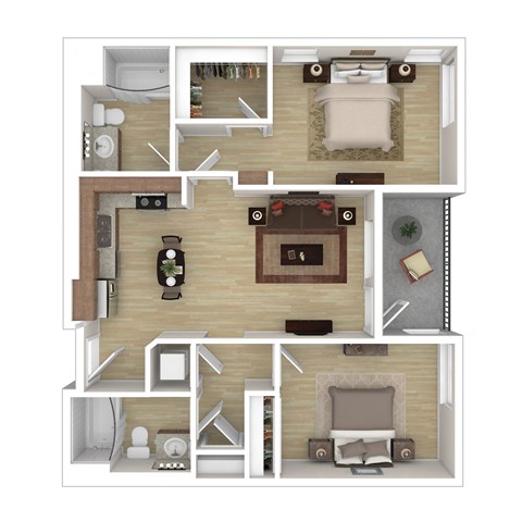 Floor plan for 2 beds, 2 baths, 940 sqft